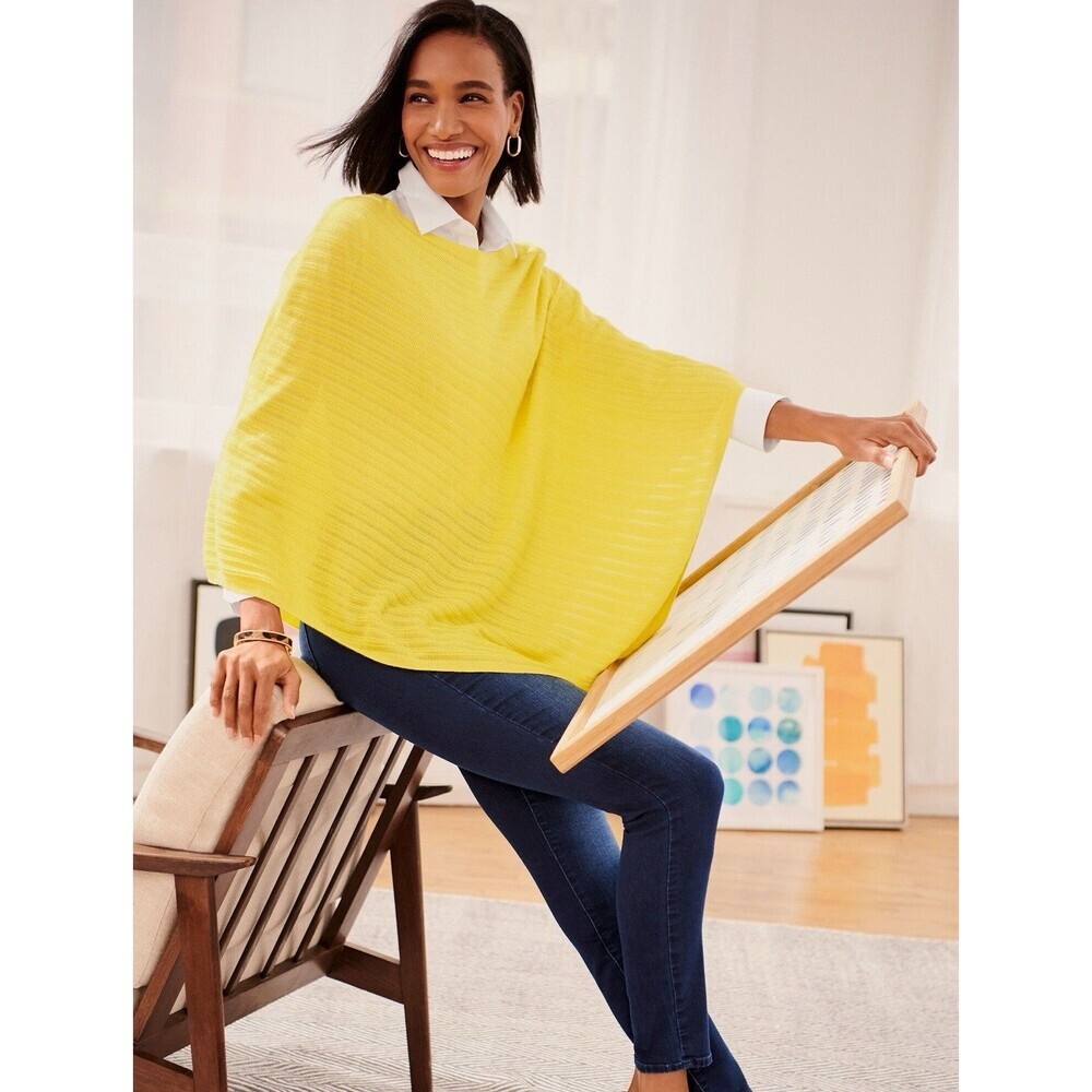 TALBOTS Yellow Asymmetric Sweater Knit Ribbed Poncho Top Wrap Open Side XS Small